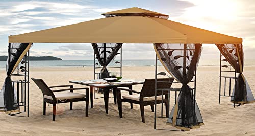 SUNA OUTDOOR 10x13 Ft Outdoor Gazebo Steel Frame Two-Tiered Top Canopy, Leaf Screen Decor Gazebo with Adjustable Netting for Garden Backyard, Beige