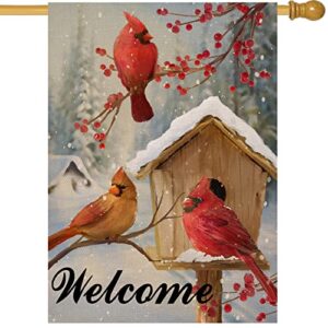 artofy welcome winter cardinals red birds home decorative house flag, birdhouse berries tree garden yard outside decor, christmas snow farmhouse outdoor large seasonal decoration double sided 28×40