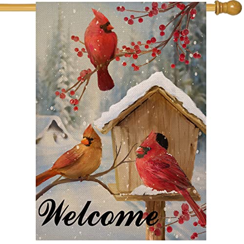 Artofy Welcome Winter Cardinals Red Birds Home Decorative House Flag, Birdhouse Berries Tree Garden Yard Outside Decor, Christmas Snow Farmhouse Outdoor Large Seasonal Decoration Double Sided 28x40