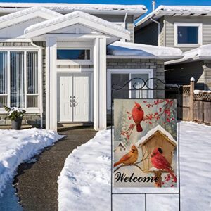 Artofy Welcome Winter Cardinals Red Birds Home Decorative House Flag, Birdhouse Berries Tree Garden Yard Outside Decor, Christmas Snow Farmhouse Outdoor Large Seasonal Decoration Double Sided 28x40