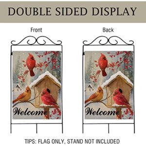 Artofy Welcome Winter Cardinals Red Birds Home Decorative House Flag, Birdhouse Berries Tree Garden Yard Outside Decor, Christmas Snow Farmhouse Outdoor Large Seasonal Decoration Double Sided 28x40