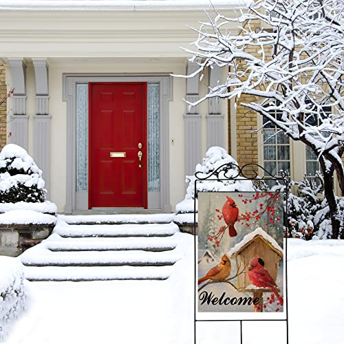 Artofy Welcome Winter Cardinals Red Birds Home Decorative House Flag, Birdhouse Berries Tree Garden Yard Outside Decor, Christmas Snow Farmhouse Outdoor Large Seasonal Decoration Double Sided 28x40