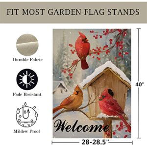 Artofy Welcome Winter Cardinals Red Birds Home Decorative House Flag, Birdhouse Berries Tree Garden Yard Outside Decor, Christmas Snow Farmhouse Outdoor Large Seasonal Decoration Double Sided 28x40