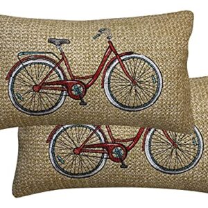 Honeycomb Indoor/Outdoor Raffia Bicycle Red Lumbar Toss Pillow: Woven Faux Jute, Recycled Polyester Fill, UV Resistant, Pack of 2 Pillows for Patio Furniture: 12” x 19” x 6”