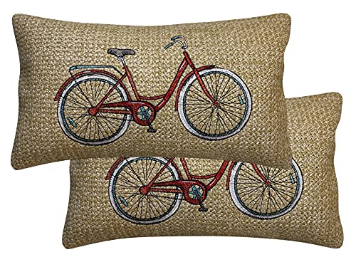 Honeycomb Indoor/Outdoor Raffia Bicycle Red Lumbar Toss Pillow: Woven Faux Jute, Recycled Polyester Fill, UV Resistant, Pack of 2 Pillows for Patio Furniture: 12” x 19” x 6”