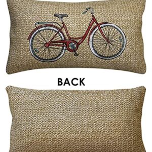 Honeycomb Indoor/Outdoor Raffia Bicycle Red Lumbar Toss Pillow: Woven Faux Jute, Recycled Polyester Fill, UV Resistant, Pack of 2 Pillows for Patio Furniture: 12” x 19” x 6”