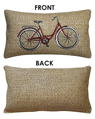 Honeycomb Indoor/Outdoor Raffia Bicycle Red Lumbar Toss Pillow: Woven Faux Jute, Recycled Polyester Fill, UV Resistant, Pack of 2 Pillows for Patio Furniture: 12” x 19” x 6”