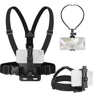 ChromLives Phone Strap Mount Set, Phone Chest Strap Mount+Phone Head Mount +Phone Neck Holder,3 in 1 Hands Free Phone Holder for Neck Head Chest Compatible with iPhone,Gopro Hero and More