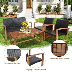 Tangkula 8-Piece PE Rattan Patio Furniture Set, Outdoor Conversation Set with Solid Acacia Wood, Outdoor Bistro Set with 1 Coffee Table, 1 Loveseat and 2 Chairs for Poolside, Backyard and Deck