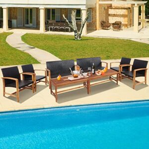 Tangkula 8-Piece PE Rattan Patio Furniture Set, Outdoor Conversation Set with Solid Acacia Wood, Outdoor Bistro Set with 1 Coffee Table, 1 Loveseat and 2 Chairs for Poolside, Backyard and Deck