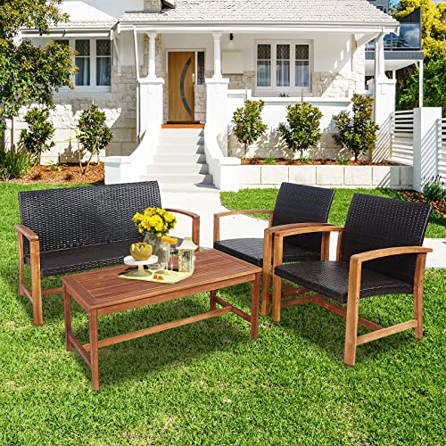 Tangkula 8-Piece PE Rattan Patio Furniture Set, Outdoor Conversation Set with Solid Acacia Wood, Outdoor Bistro Set with 1 Coffee Table, 1 Loveseat and 2 Chairs for Poolside, Backyard and Deck