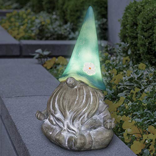 Exhart Garden Sculpture, Meditating Yoga Solar Garden Gnome Statue, LED Flower Hat, Outdoor Garden Decoration, 7 x 11.5 Inch, Teal