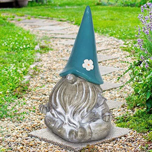 Exhart Garden Sculpture, Meditating Yoga Solar Garden Gnome Statue, LED Flower Hat, Outdoor Garden Decoration, 7 x 11.5 Inch, Teal