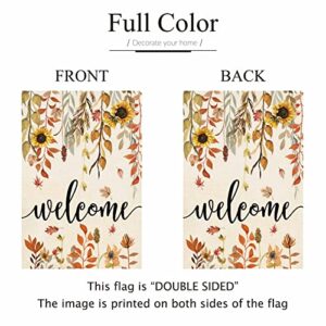 ORTIGIA Welcome Fall Maple Leaves Garden Flag Blurap Vertical Double Sided 12x18inch Autumn Sunflowers Small Garden Flag for Outside Fall Thanksgiving Farmhouse Seasonal Holiday Yard Décor