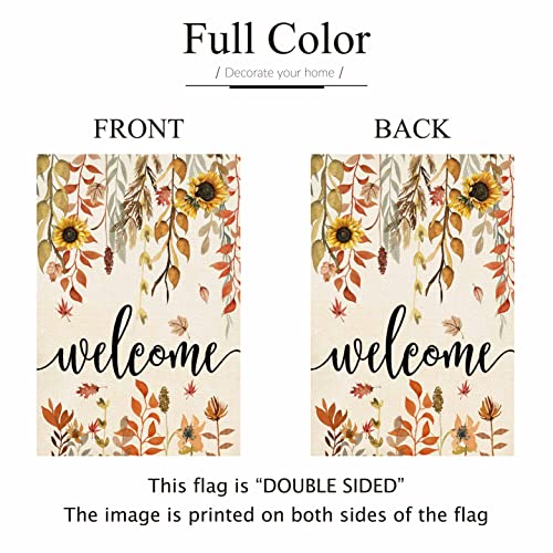 ORTIGIA Welcome Fall Maple Leaves Garden Flag Blurap Vertical Double Sided 12x18inch Autumn Sunflowers Small Garden Flag for Outside Fall Thanksgiving Farmhouse Seasonal Holiday Yard Décor