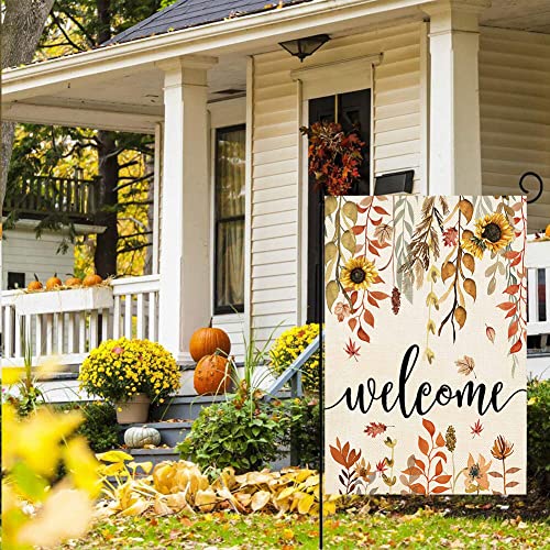 ORTIGIA Welcome Fall Maple Leaves Garden Flag Blurap Vertical Double Sided 12x18inch Autumn Sunflowers Small Garden Flag for Outside Fall Thanksgiving Farmhouse Seasonal Holiday Yard Décor