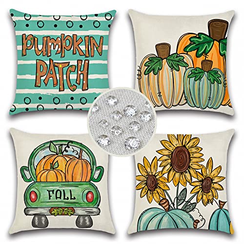 JOJOGOGO Fall Outdoor Pillow Covers 18x18 Waterproof Set of 4 Sunflower Pumpkin Truck Autumn Seasonal Throw Pillow Covers for Sofa Couch Porch and Patio Furniture