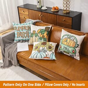 JOJOGOGO Fall Outdoor Pillow Covers 18x18 Waterproof Set of 4 Sunflower Pumpkin Truck Autumn Seasonal Throw Pillow Covers for Sofa Couch Porch and Patio Furniture