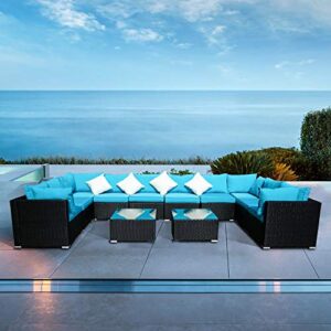 klismos outdoor patio furniture set rattan wicker sectional sofa conversation set with coffee table and pillows(blue 12pcs)