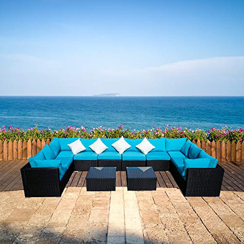 Klismos Outdoor Patio Furniture Set Rattan Wicker Sectional Sofa Conversation Set with Coffee Table and Pillows(Blue 12PCS)