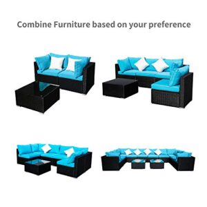 Klismos Outdoor Patio Furniture Set Rattan Wicker Sectional Sofa Conversation Set with Coffee Table and Pillows(Blue 12PCS)