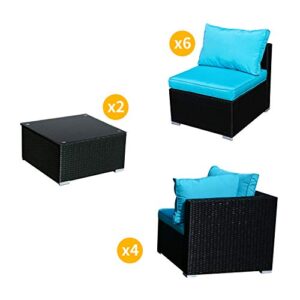 Klismos Outdoor Patio Furniture Set Rattan Wicker Sectional Sofa Conversation Set with Coffee Table and Pillows(Blue 12PCS)