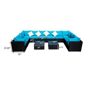 Klismos Outdoor Patio Furniture Set Rattan Wicker Sectional Sofa Conversation Set with Coffee Table and Pillows(Blue 12PCS)