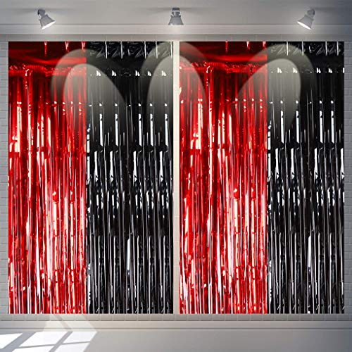 PARTVON Graduation Party Red Black Tinsel Foil Fringe Curtains - Casino Viva Las Vegas Game Night Birthday Photo Backdrops Wedding New Years Eve Party Decorations