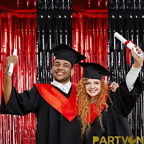 PARTVON Graduation Party Red Black Tinsel Foil Fringe Curtains - Casino Viva Las Vegas Game Night Birthday Photo Backdrops Wedding New Years Eve Party Decorations