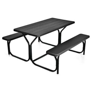 Tangkula Picnic Table Bench Set, Outdoor Picnic Table with 2 Benches, Metal Camping Table with Plastic Wood-Like Texture Tabletop & Steel Frame, Ideal for Picnic, Party, Garden, Lawn (Black)