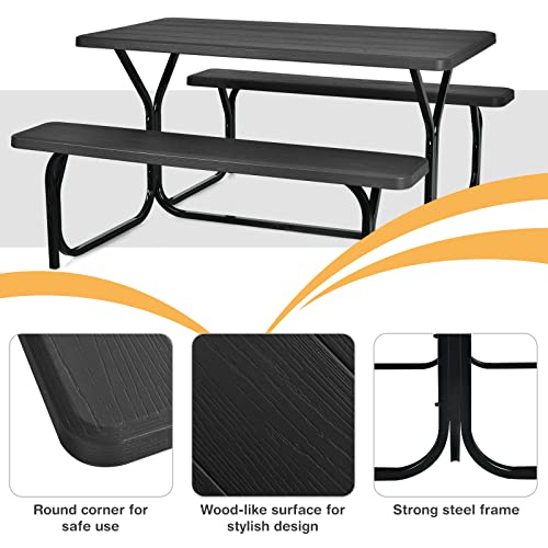 Tangkula Picnic Table Bench Set, Outdoor Picnic Table with 2 Benches, Metal Camping Table with Plastic Wood-Like Texture Tabletop & Steel Frame, Ideal for Picnic, Party, Garden, Lawn (Black)