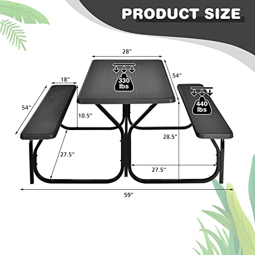 Tangkula Picnic Table Bench Set, Outdoor Picnic Table with 2 Benches, Metal Camping Table with Plastic Wood-Like Texture Tabletop & Steel Frame, Ideal for Picnic, Party, Garden, Lawn (Black)