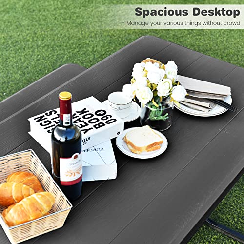 Tangkula Picnic Table Bench Set, Outdoor Picnic Table with 2 Benches, Metal Camping Table with Plastic Wood-Like Texture Tabletop & Steel Frame, Ideal for Picnic, Party, Garden, Lawn (Black)