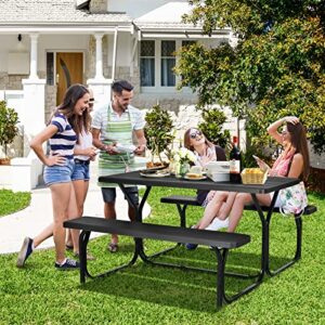 Tangkula Picnic Table Bench Set, Outdoor Picnic Table with 2 Benches, Metal Camping Table with Plastic Wood-Like Texture Tabletop & Steel Frame, Ideal for Picnic, Party, Garden, Lawn (Black)