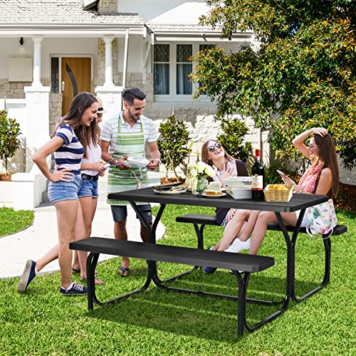 Tangkula Picnic Table Bench Set, Outdoor Picnic Table with 2 Benches, Metal Camping Table with Plastic Wood-Like Texture Tabletop & Steel Frame, Ideal for Picnic, Party, Garden, Lawn (Black)