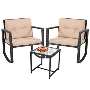 fdw wicker patio furniture sets outdoor bistro set rocking chair 3 piece patio set rattan chair conversation set for backyard porch poolside lawn with coffee table,black