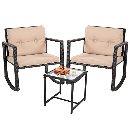 FDW Wicker Patio Furniture Sets Outdoor Bistro Set Rocking Chair 3 Piece Patio Set Rattan Chair Conversation Set for Backyard Porch Poolside Lawn with Coffee Table,Black