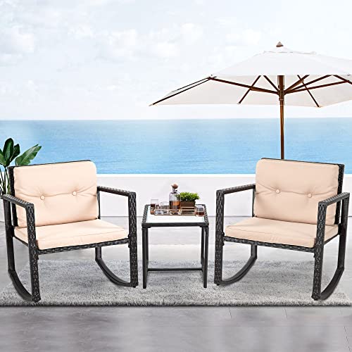 FDW Wicker Patio Furniture Sets Outdoor Bistro Set Rocking Chair 3 Piece Patio Set Rattan Chair Conversation Set for Backyard Porch Poolside Lawn with Coffee Table,Black