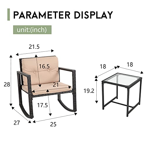 FDW Wicker Patio Furniture Sets Outdoor Bistro Set Rocking Chair 3 Piece Patio Set Rattan Chair Conversation Set for Backyard Porch Poolside Lawn with Coffee Table,Black