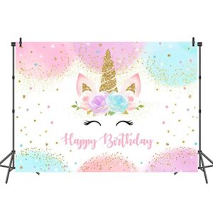 Mocsicka Rainbow Unicorn Backdrop Happy Birthday Party Decorations for Girls Watercolor Floral Glitter Stars Dots UnicornCake Table Banner Supplies Studio Props (7x5ft)