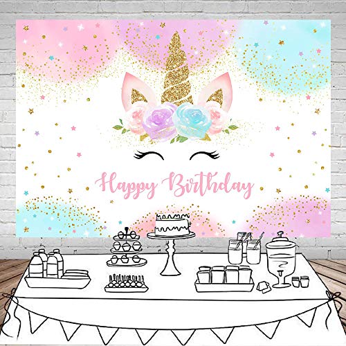 Mocsicka Rainbow Unicorn Backdrop Happy Birthday Party Decorations for Girls Watercolor Floral Glitter Stars Dots UnicornCake Table Banner Supplies Studio Props (7x5ft)