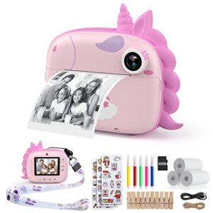 himont kids camera instant print, digital camera for kids with zero ink print paper & 32g tf card, selfie video camera with color pens & photo clips for diy, gift for girls boys 3-12 years old (pink)