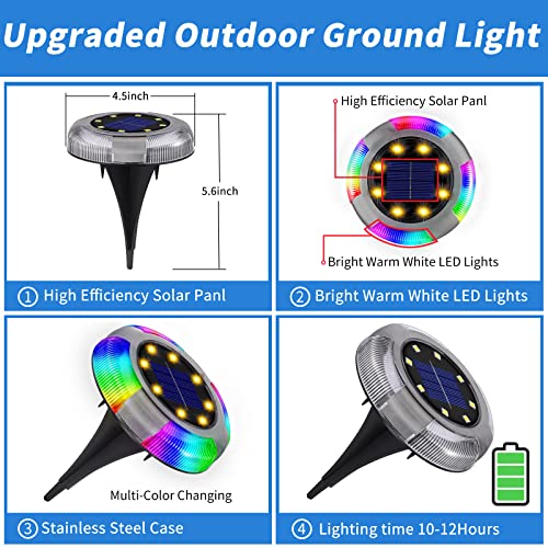 Mutois 4-Pack Solar Ground Lights Outdoor, Waterproof Solar Garden Lights with 8 Warm Lights & Multi-Color Auto-Changing Light, Upgraded Bright in-Ground Lights, Landscape Light for Pathway Yard Lawn