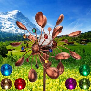 solar wind spinner, multi-color led lights easy spinning kinetic metal garden decorations with kinetic wind spinner dual direction for outdoor yard lawn & garden,75 inch with stake (bronze)