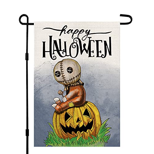 Halloween Trick Or Treat Garden Flag Burlap Double Sided 12×18 Inch Scary Doll Pumpkin Yard Porch Outdoor Decor DF117