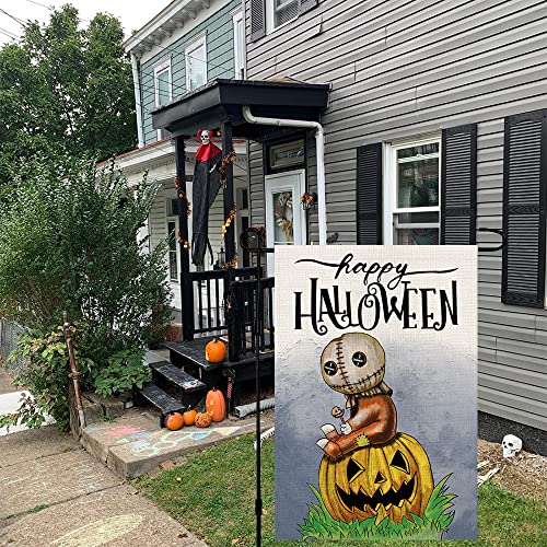 Halloween Trick Or Treat Garden Flag Burlap Double Sided 12×18 Inch Scary Doll Pumpkin Yard Porch Outdoor Decor DF117