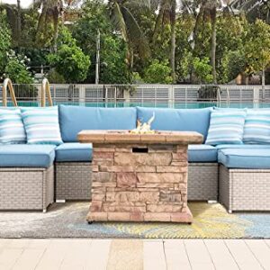 SUNBURY 7 Pieces Patio Furniture Set with Fire Table, PE Wicker Outdoor Sectional Sofa with 35-inch 50000 BTU Gas Fire Pit Table, Patio Conversation Set, Propane Fire Pit Table