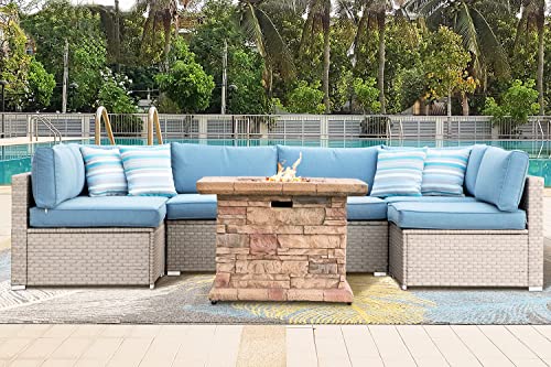 SUNBURY 7 Pieces Patio Furniture Set with Fire Table, PE Wicker Outdoor Sectional Sofa with 35-inch 50000 BTU Gas Fire Pit Table, Patio Conversation Set, Propane Fire Pit Table