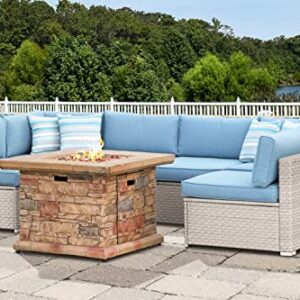 SUNBURY 7 Pieces Patio Furniture Set with Fire Table, PE Wicker Outdoor Sectional Sofa with 35-inch 50000 BTU Gas Fire Pit Table, Patio Conversation Set, Propane Fire Pit Table