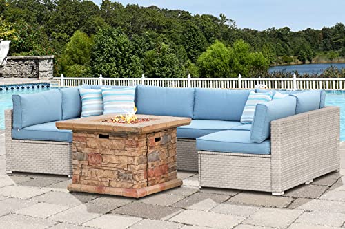 SUNBURY 7 Pieces Patio Furniture Set with Fire Table, PE Wicker Outdoor Sectional Sofa with 35-inch 50000 BTU Gas Fire Pit Table, Patio Conversation Set, Propane Fire Pit Table